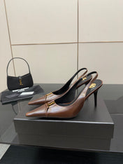 YSL 25S SLINGBACK HIGH HEELS 90 MM IN CHESTNUT BROWN LAMBSKIN WITH GOLD HARDWARE STYLE 12