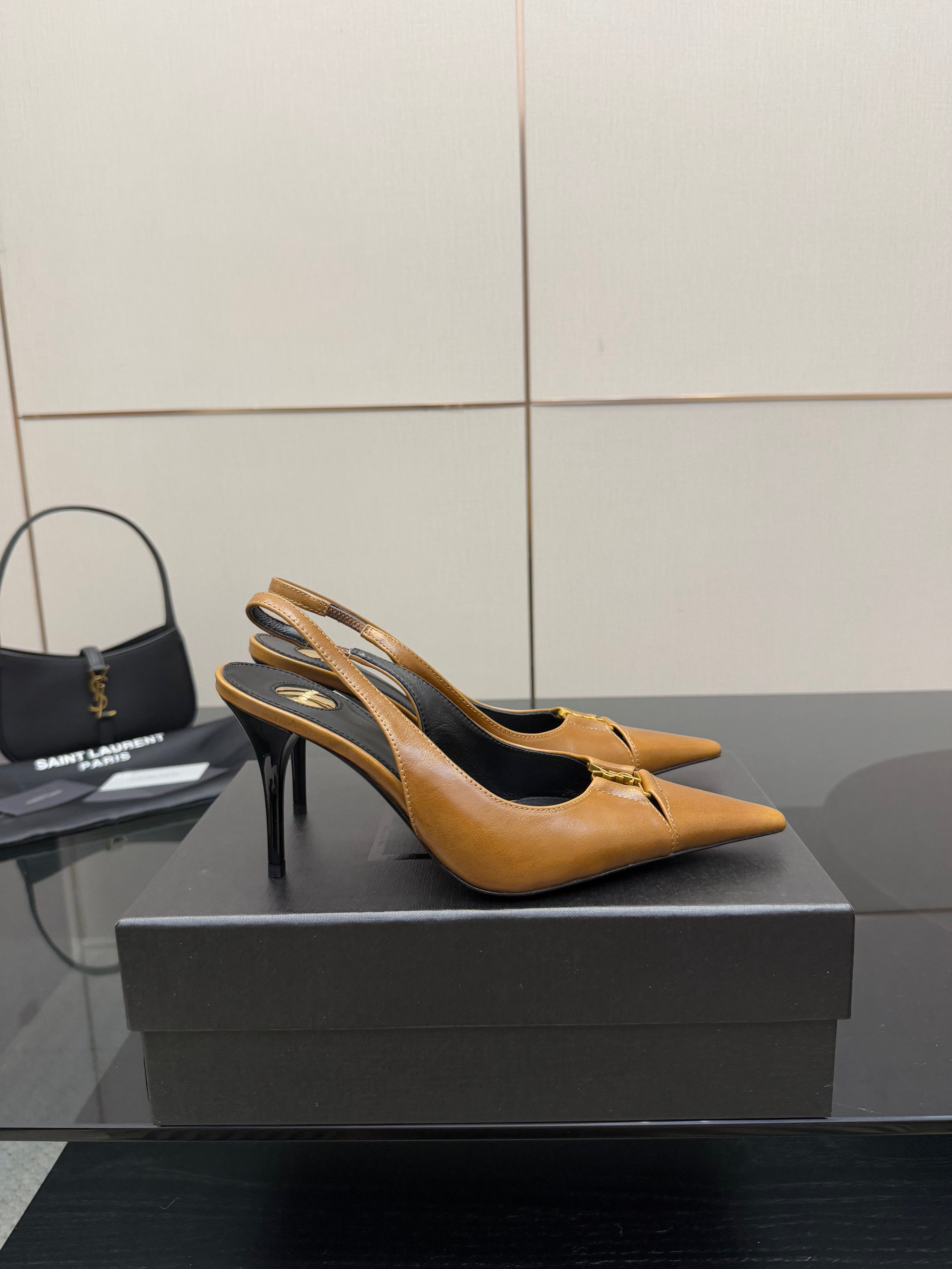 YSL 25S SLINGBACK HIGH HEELS 90 MM IN COPPER BROWN LAMBSKIN WITH GOLD HARDWARE STYLE 11