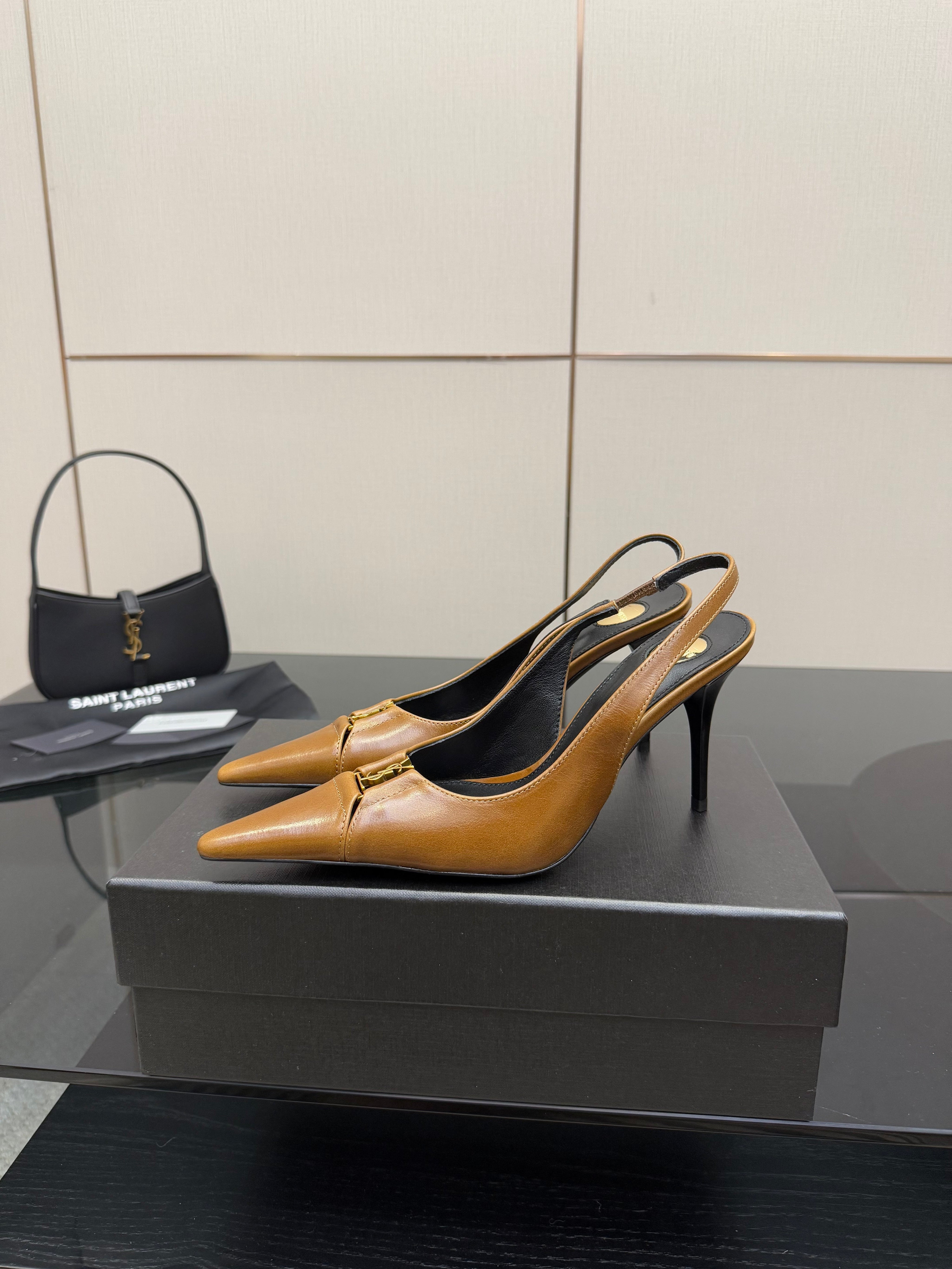 YSL 25S SLINGBACK HIGH HEELS 90 MM IN COPPER BROWN LAMBSKIN WITH GOLD HARDWARE STYLE 11