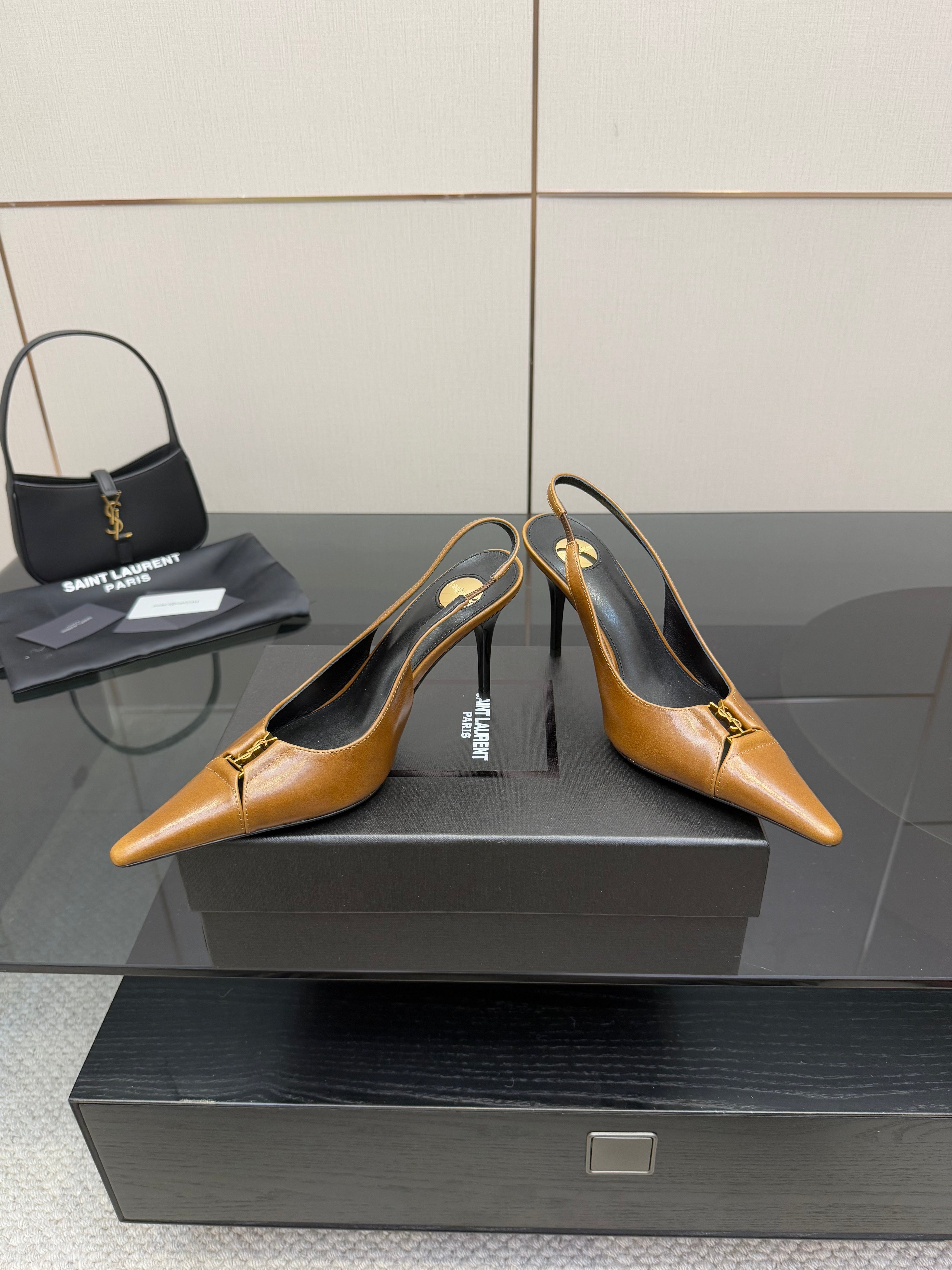 YSL 25S SLINGBACK HIGH HEELS 90 MM IN COPPER BROWN LAMBSKIN WITH GOLD HARDWARE STYLE 11