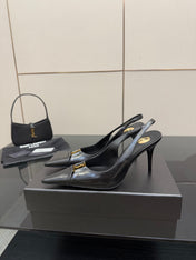 YSL 25S SLINGBACK HIGH HEELS 90 MM IN BLACK LAMBSKIN WITH GOLD HARDWARE STYLE 10
