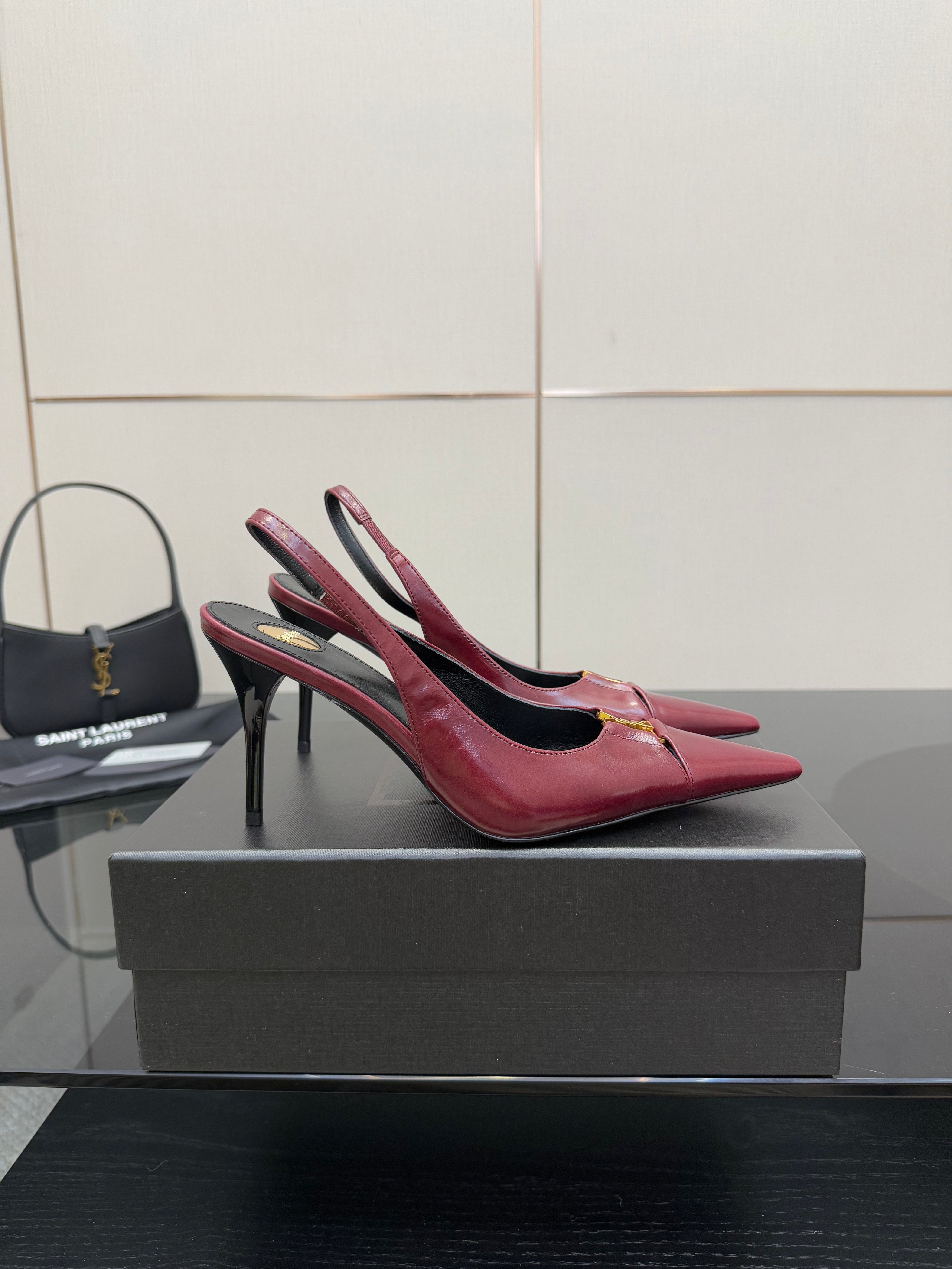 YSL 25S SLINGBACK HIGH HEELS 90 MM IN DARK RED LAMBSKIN WITH GOLD HARDWARE STYLE 9