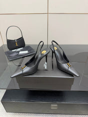YSL 25S SLINGBACK HIGH HEELS 90 MM IN BLACK SMOOTH LAMBSKIN WITH GOLD HARDWARE STYLE 3