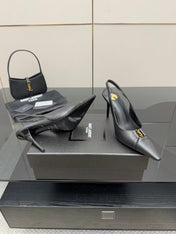 YSL 25S SLINGBACK HIGH HEELS 90 MM IN BLACK SMOOTH LAMBSKIN WITH GOLD HARDWARE STYLE 3