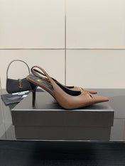YSL 25S SLINGBACK HIGH HEELS 90 MM IN CHESTNUT BROWN LAMBSKIN WITH GOLD HARDWARE STYLE 1
