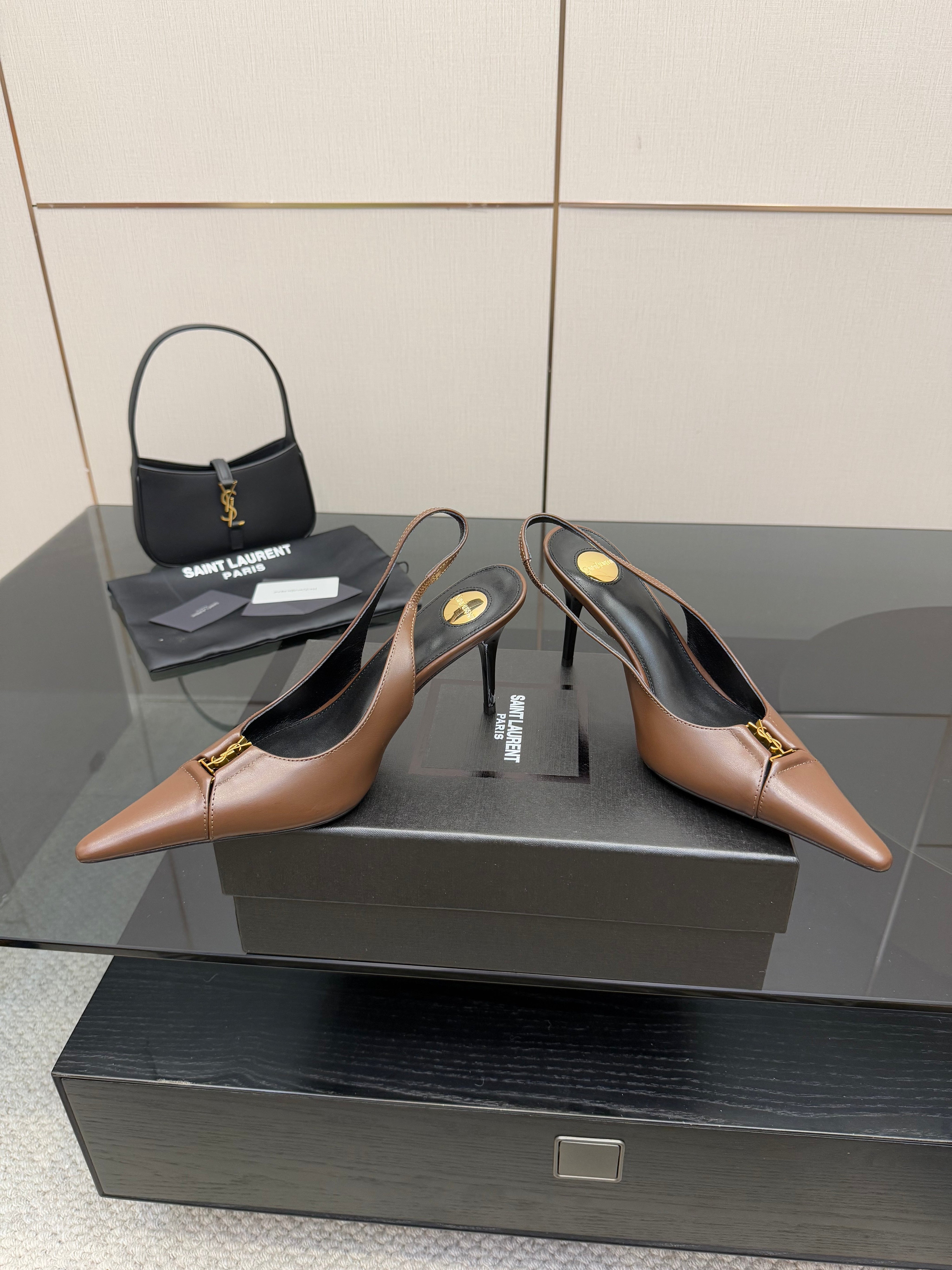 YSL 25S SLINGBACK HIGH HEELS 90 MM IN CHESTNUT BROWN LAMBSKIN WITH GOLD HARDWARE STYLE 1