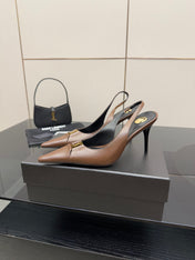 YSL 25S SLINGBACK HIGH HEELS 90 MM IN CHESTNUT BROWN LAMBSKIN WITH GOLD HARDWARE STYLE 1