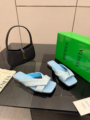 BOTTEGA VENETA 26S SANDALS IN LIGHT BLUE CALFSKIN AND RAFFIA