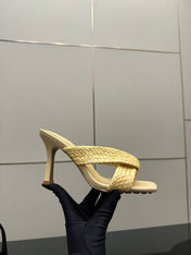 BOTTEGA VENETA 26S HEELED SANDALS 95 MM IN LIGHT YELLOW CALFSKIN AND RAFFIA