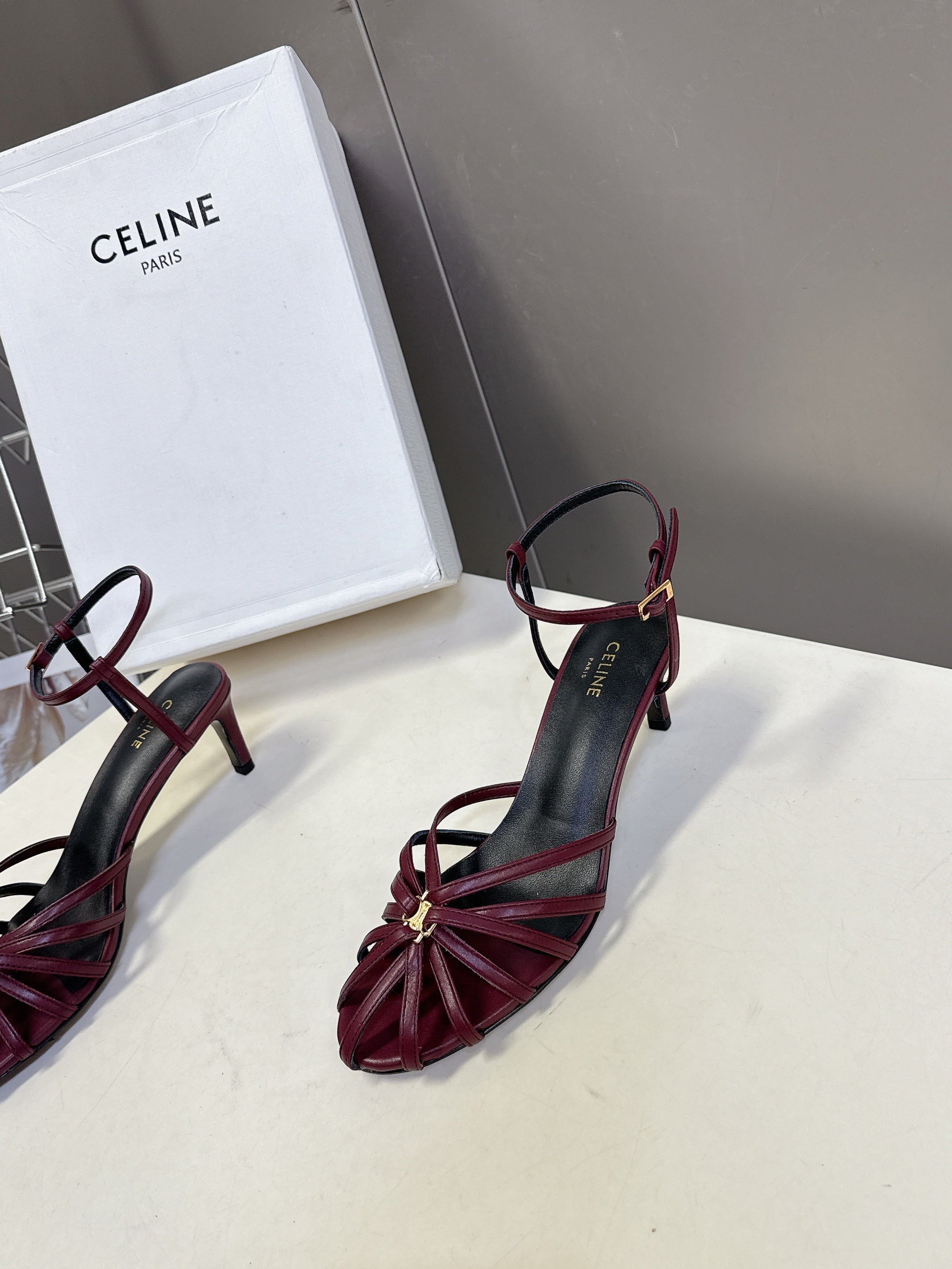 CELINE 26S HIGH-HEEL SANDALS 60 MM IN DARK RED CALFSKIN