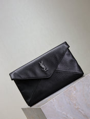 YSL 25S CASSANDRE LARGE ENVELOPE POUCH 29 IN BLACK CALFSKIN GRAY HARDWRE