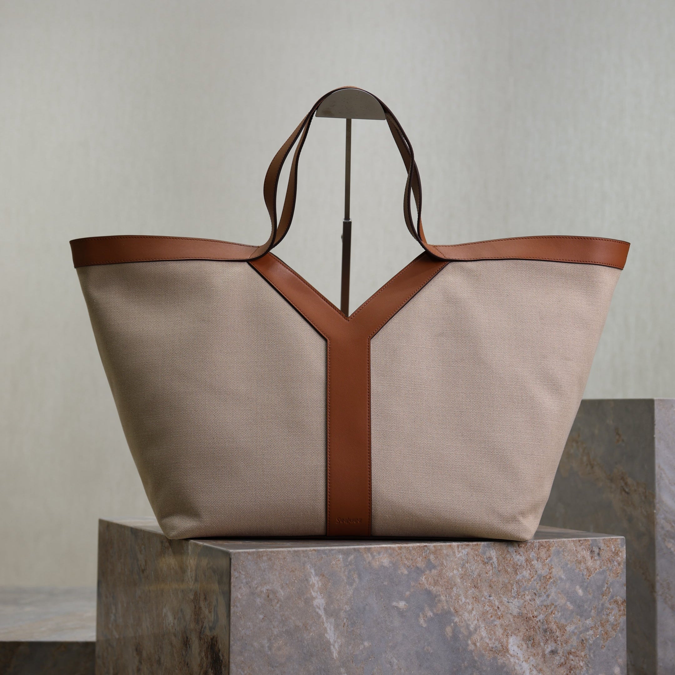 YSL 25S Y TOTE 50 IN BROWN BEIGE CANVAS AND CALFSKIN