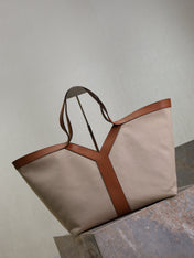YSL 25S Y TOTE 50 IN BROWN BEIGE CANVAS AND CALFSKIN