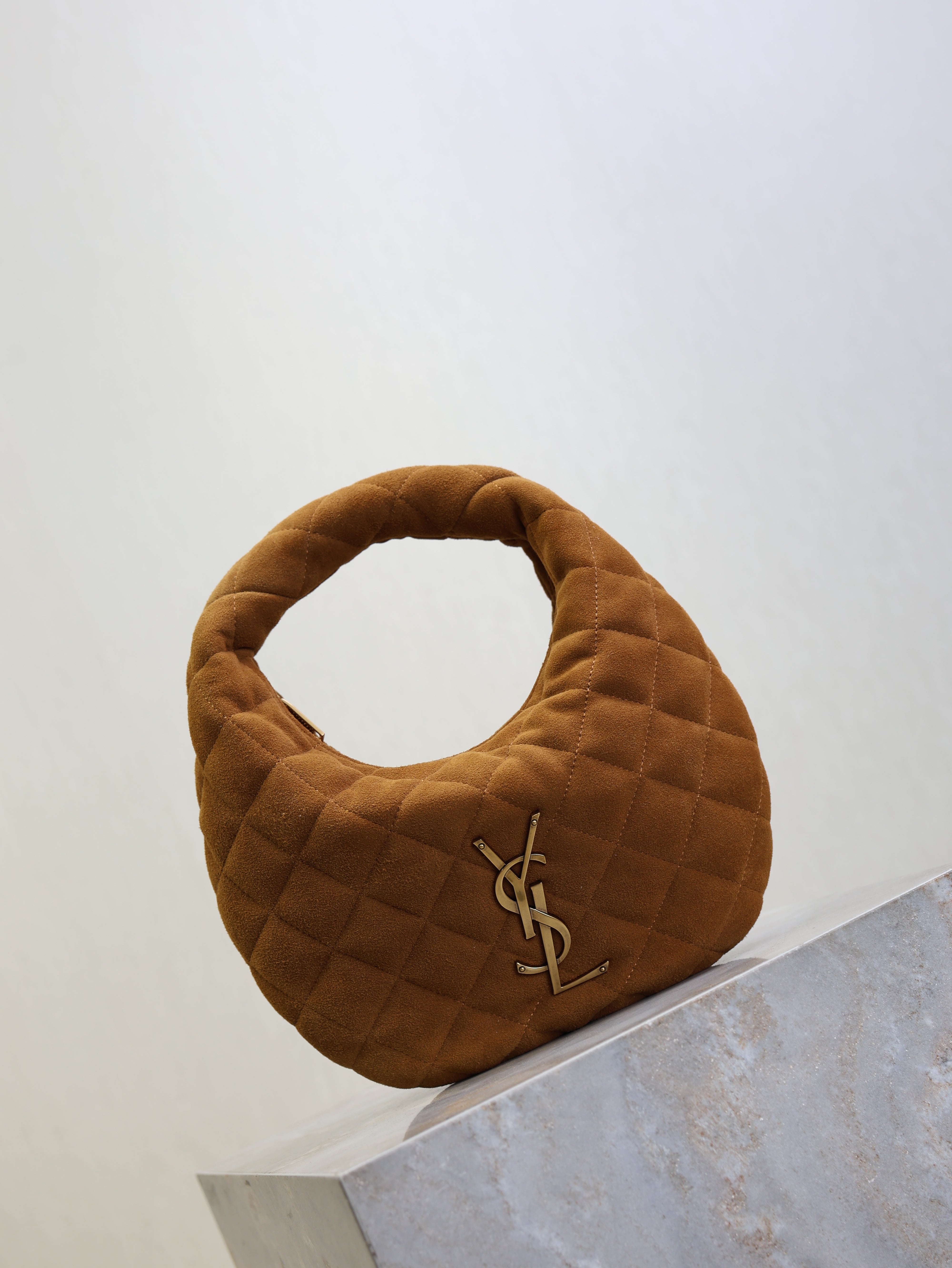 YSL 25S ICARINO MINI 17 IN CARAMEL QUILTED SUEDE GOLD HARDWRE