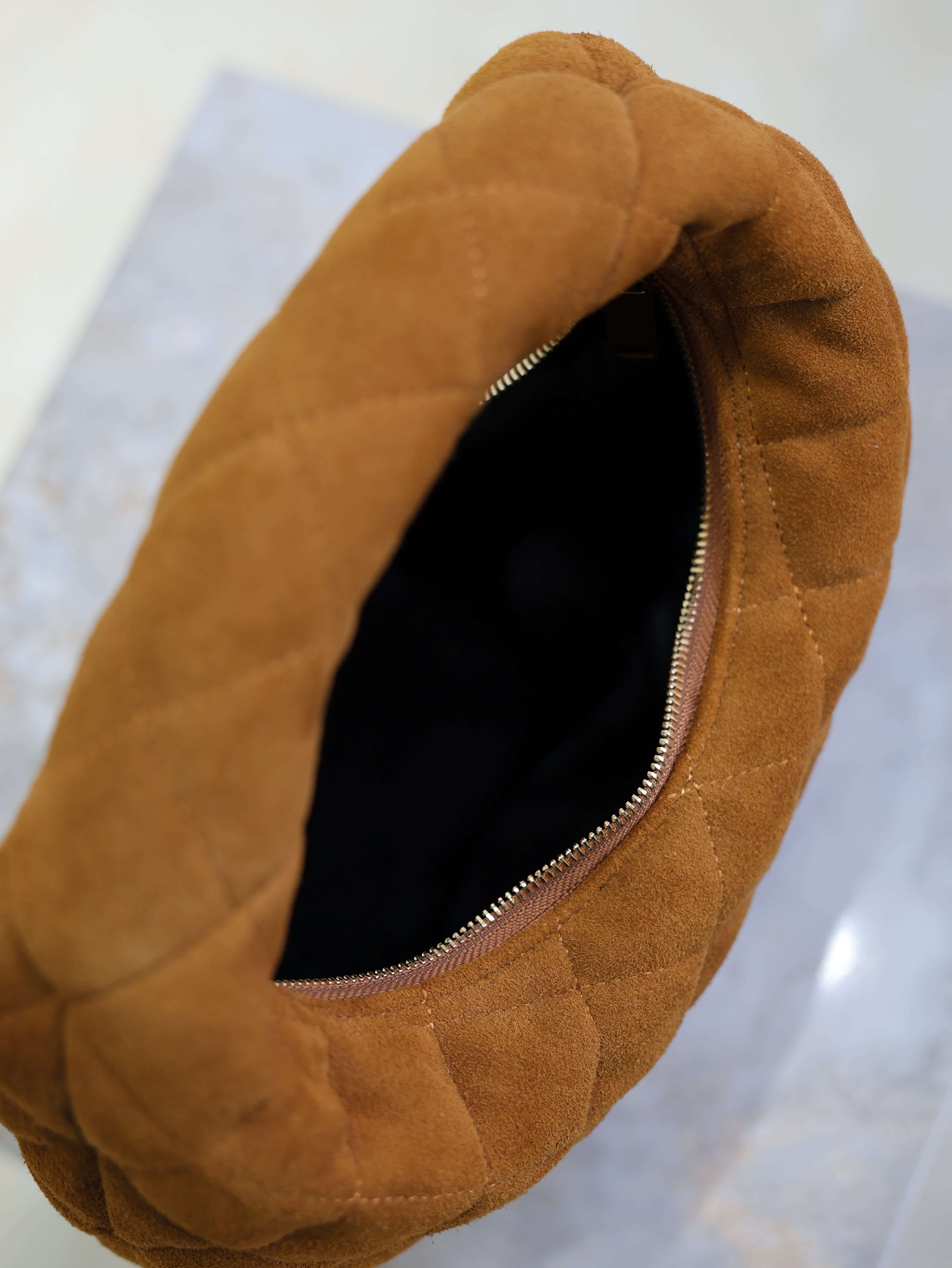 YSL 25S ICARINO MINI 17 IN CARAMEL QUILTED SUEDE GOLD HARDWRE