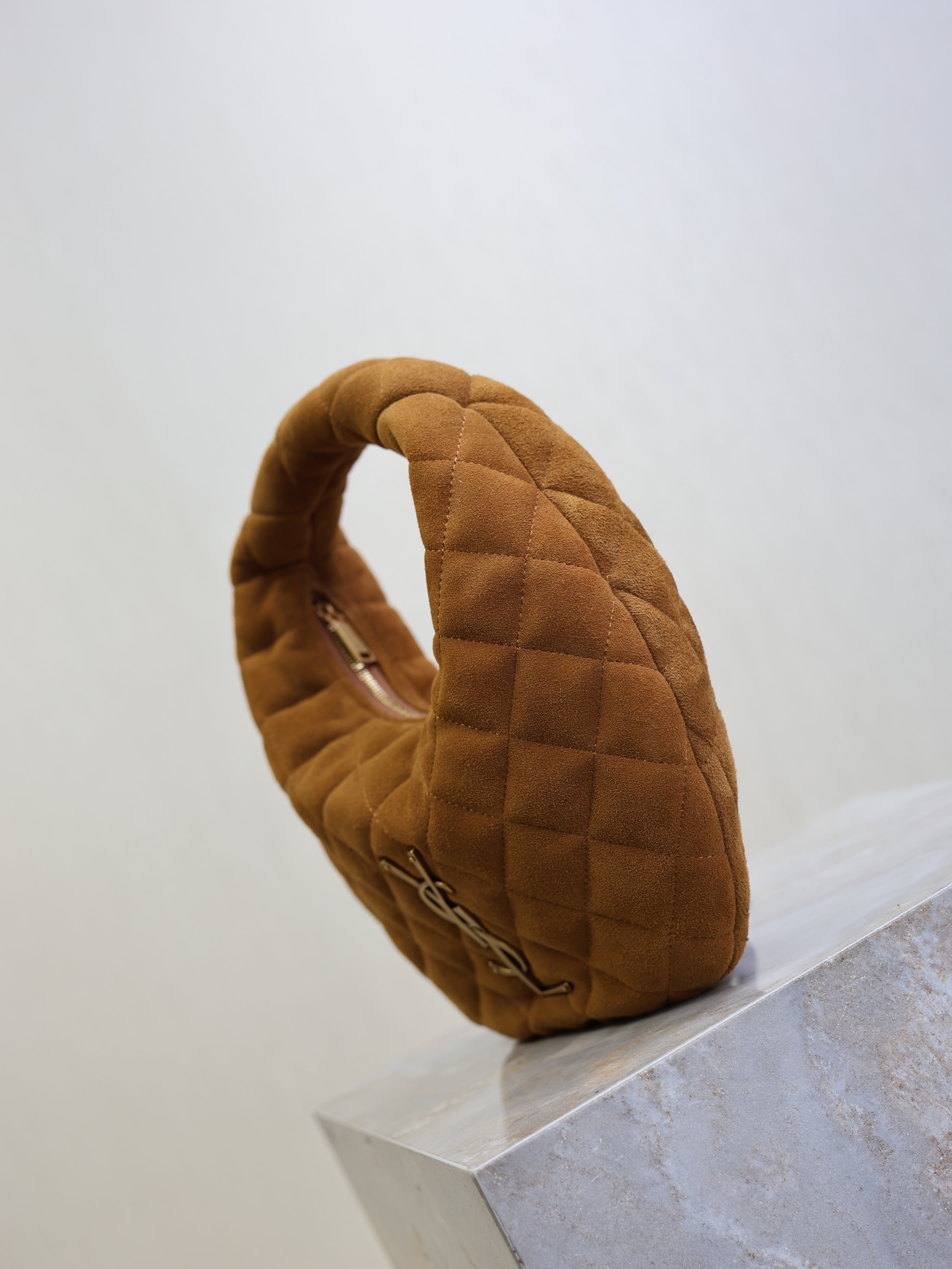 YSL 25S ICARINO MINI 17 IN CARAMEL QUILTED SUEDE GOLD HARDWRE