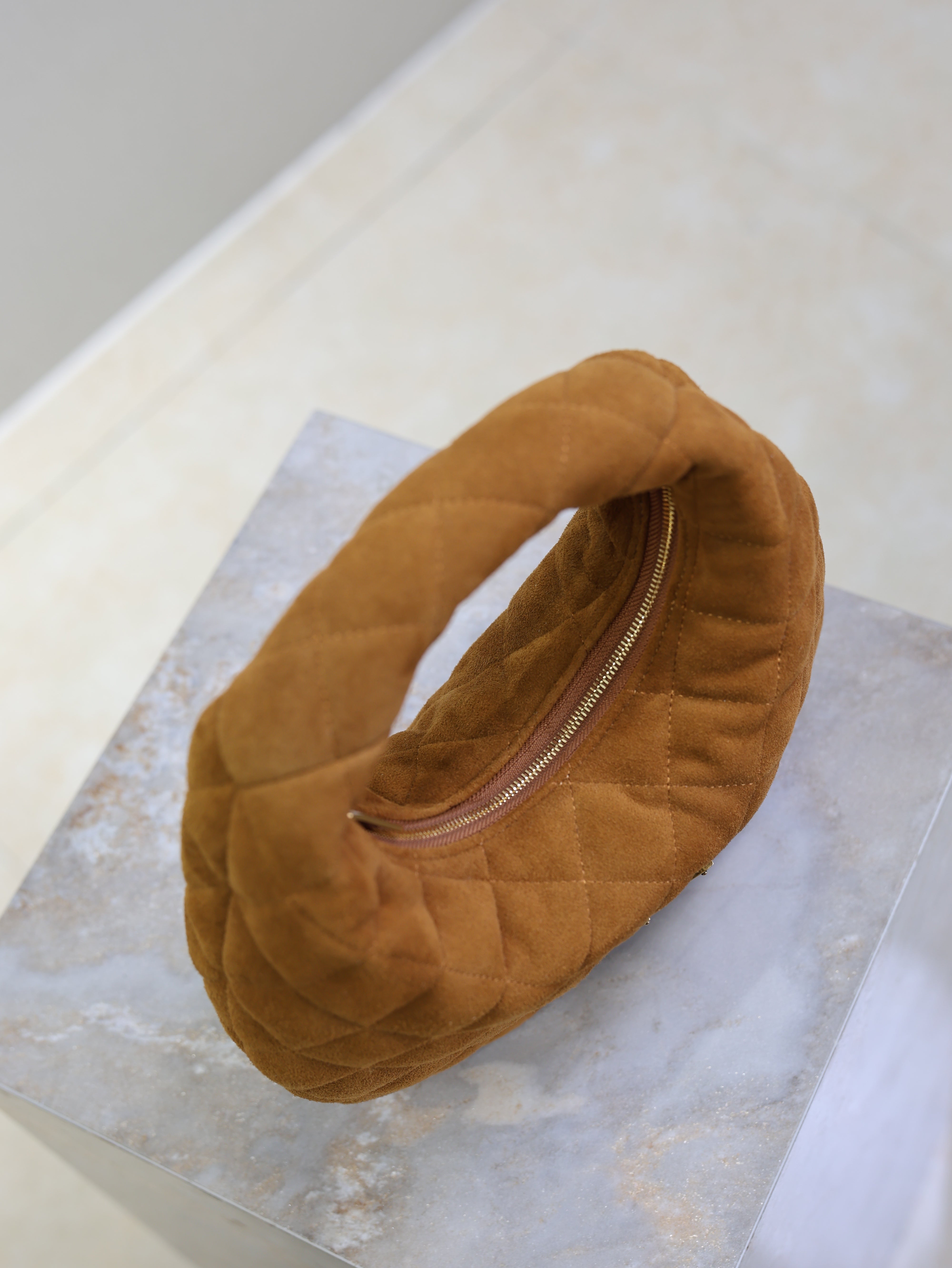 YSL 25S ICARINO MINI 17 IN CARAMEL QUILTED SUEDE GOLD HARDWRE