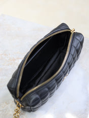 YSL 25S CASSANDRE MATELASSÉ CARRÉ POUCH ON CHAIN 18 IN BLACK LAMBSKIN