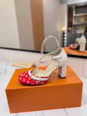 HIGH SANDALS 8 CM IN CHERRY RED MONOGRAM DENIM AND WHITE CALFSKIN