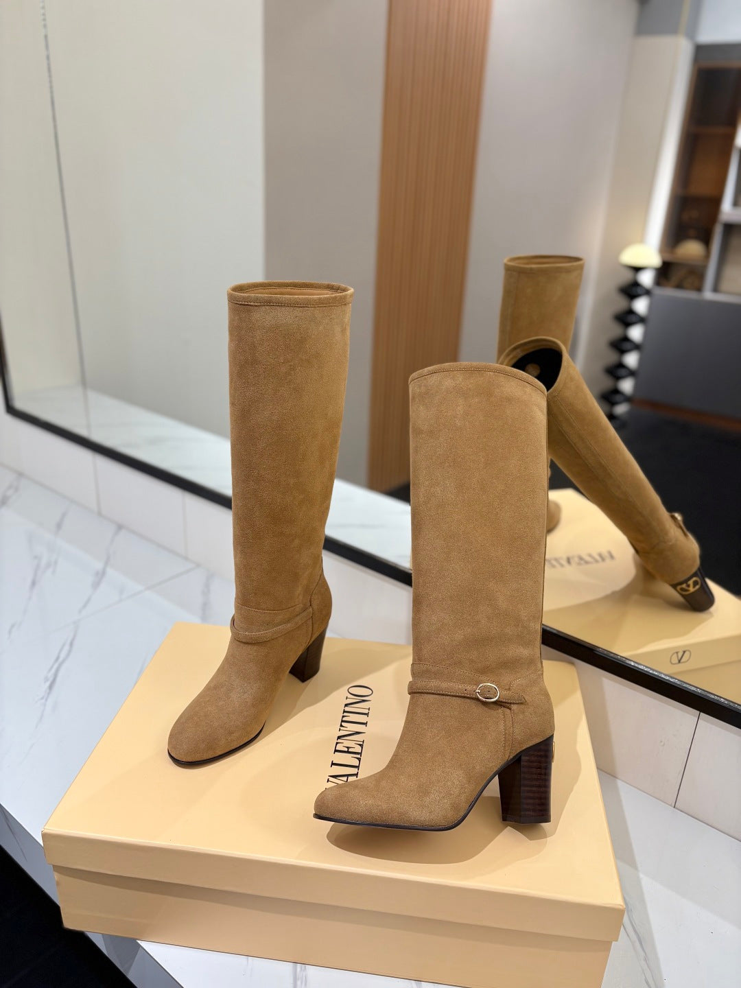 VALENTINO 25S GARAVANI PATTIE KNEE-HIGH BOOTS 80 MM IN LIGHT BROWN SUEDE