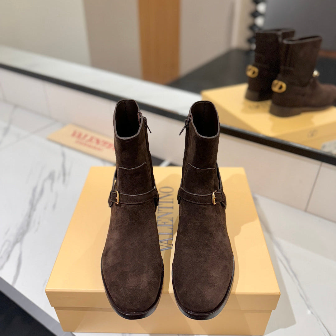 VALENTINO 25S PATTIE ANKLE BOOTS IN DARK BROWN SUEDE WITH GOLD HARDWARE
