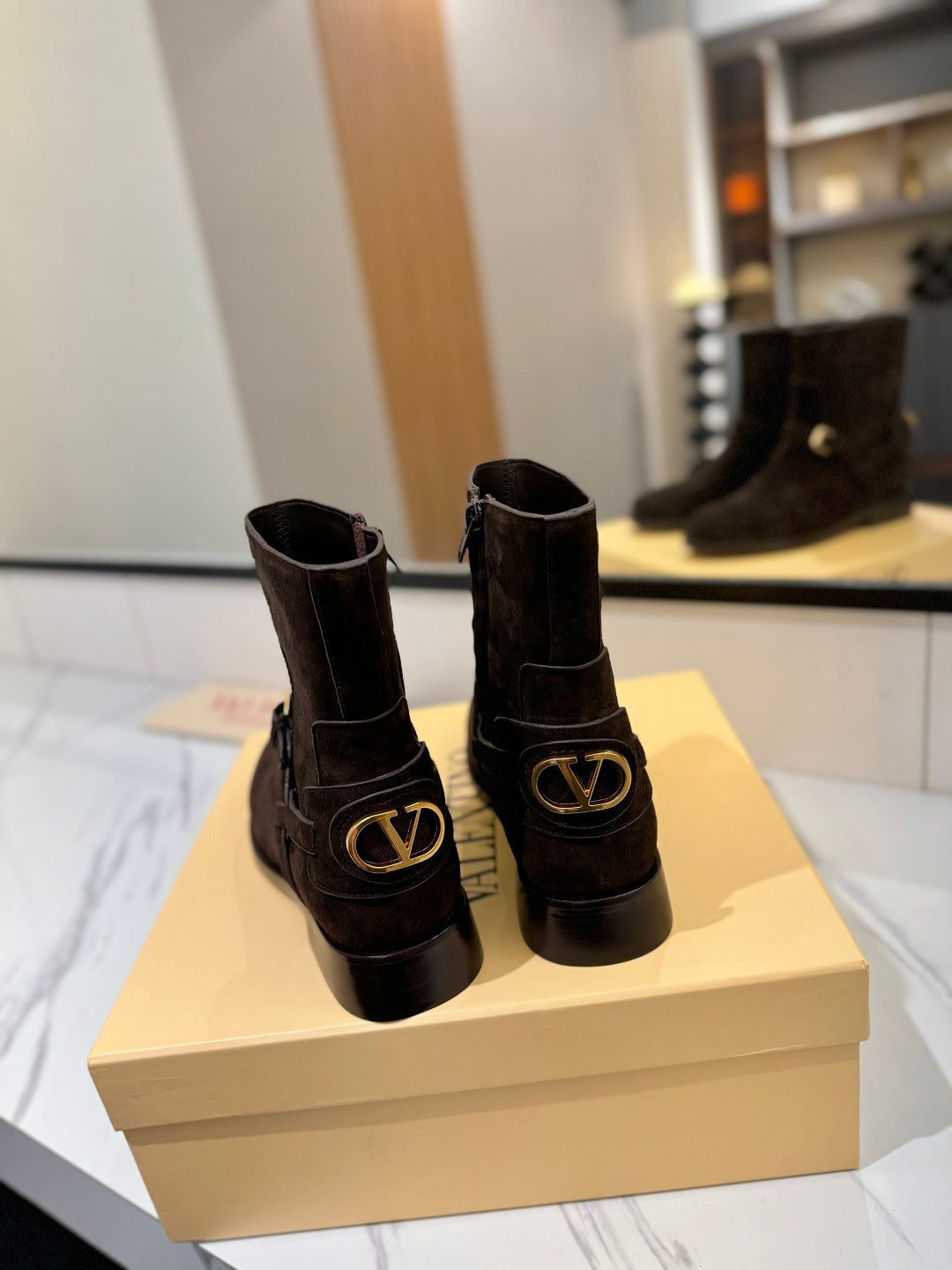 VALENTINO 25S PATTIE ANKLE BOOTS IN DARK BROWN SUEDE WITH GOLD HARDWARE