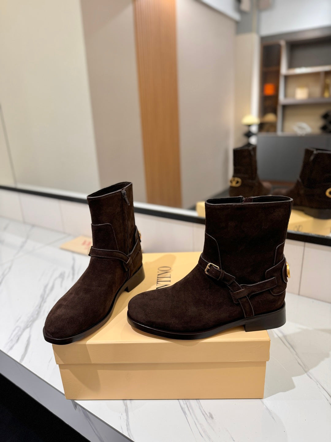 VALENTINO 25S PATTIE ANKLE BOOTS IN DARK BROWN SUEDE WITH GOLD HARDWARE