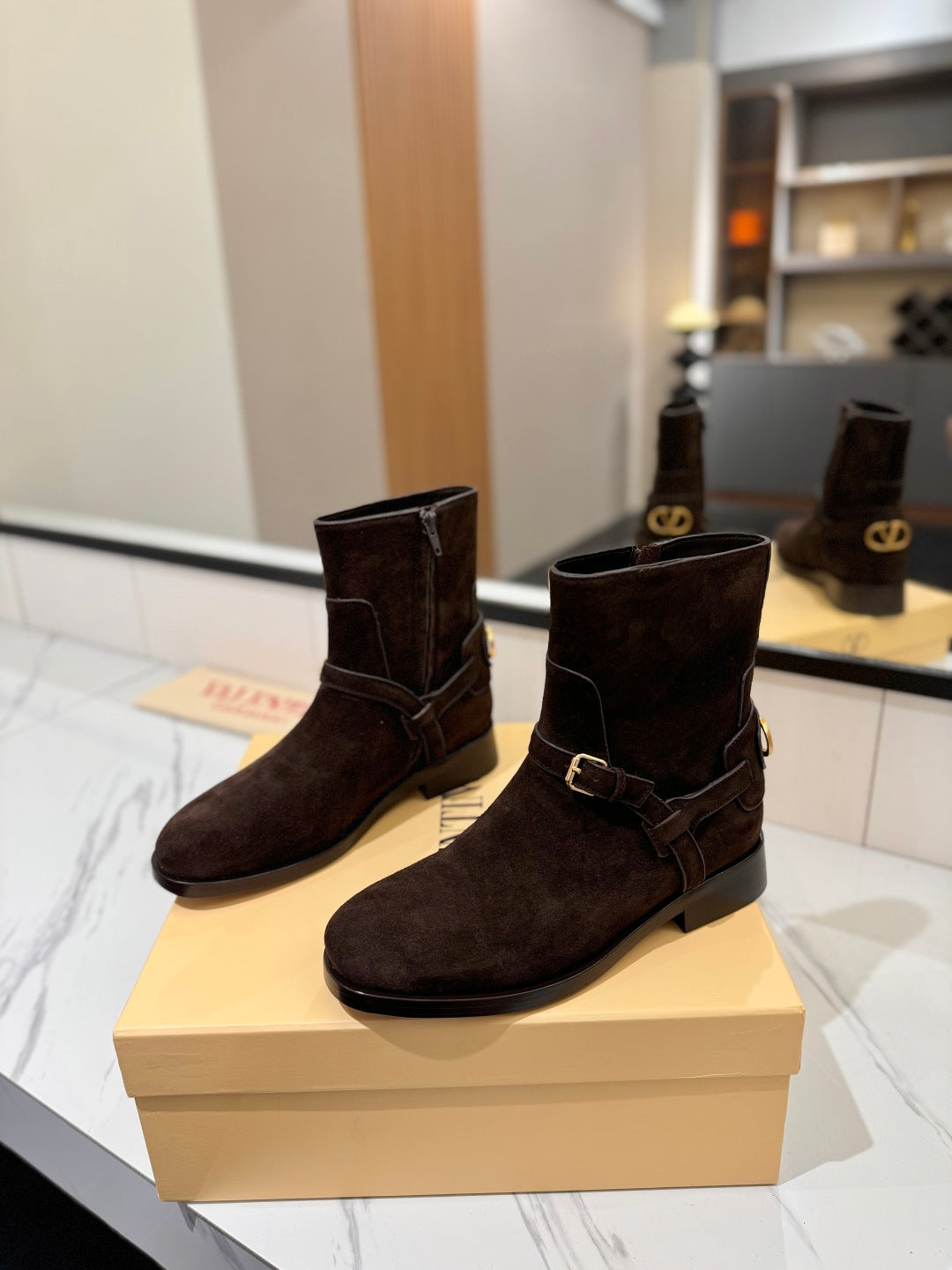 VALENTINO 25S PATTIE ANKLE BOOTS IN DARK BROWN SUEDE WITH GOLD HARDWARE