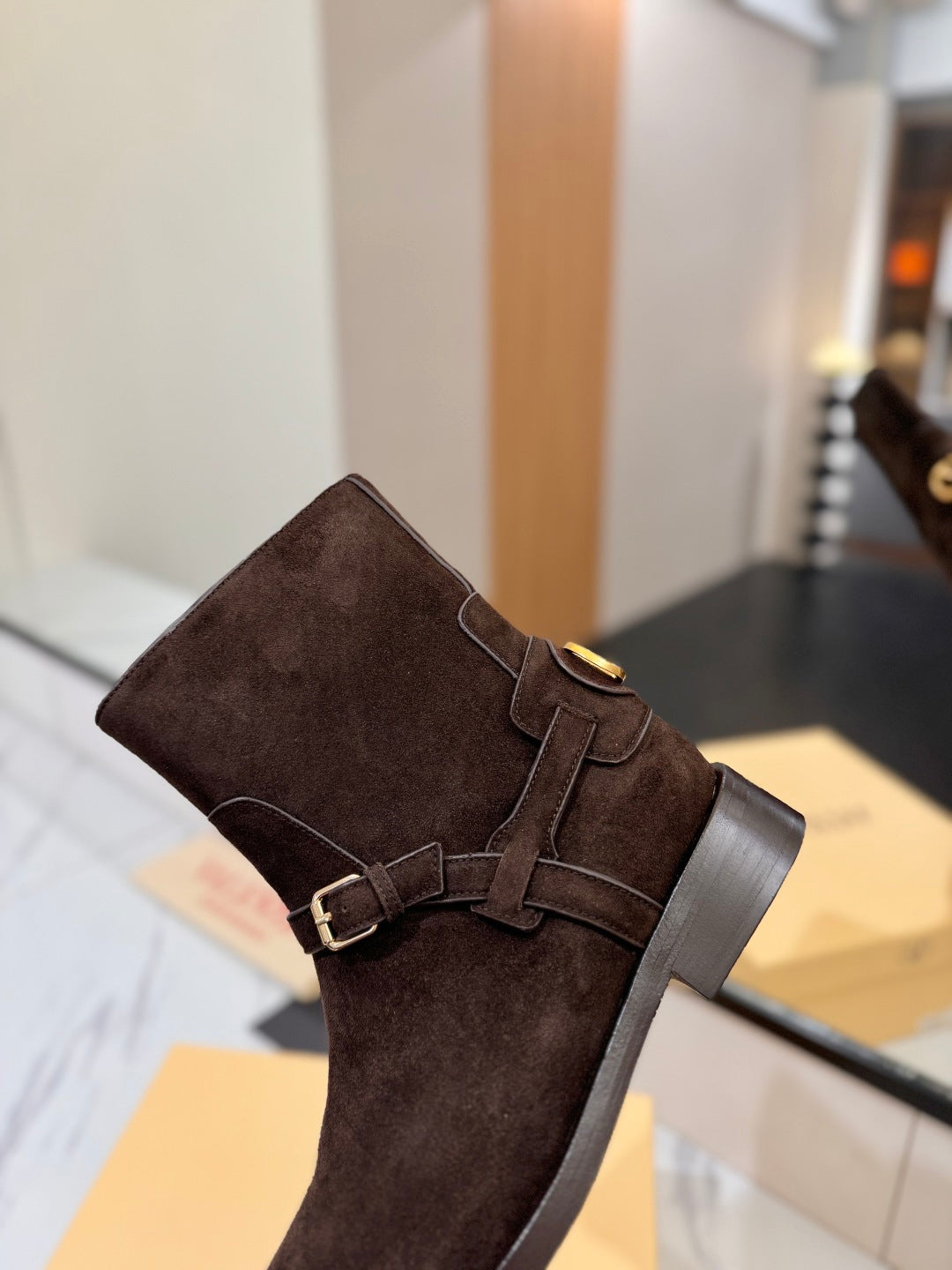 VALENTINO 25S PATTIE ANKLE BOOTS IN DARK BROWN SUEDE WITH GOLD HARDWARE