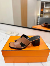 HM 26S HELIA SANDAL 70MM IN BROWN AND BLACK CALFSKIN