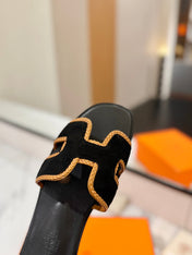 HM 26S ORAN SANDALS IN BLACK SUEDE WITH TAN BOWN BRAIDED TRIM