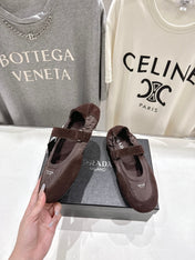 PRADA 25S COLLAPSE RE NYLON AND SUEDE BALLERINAS IN COFFEE