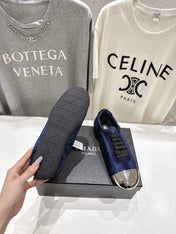 PRADA 25S COLLAPSE RE NYLON AND SUEDE SNEAKERS IN DARK BLUE WITH METAL TOECAP