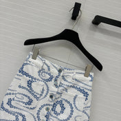 CC 25 Printed Denim Single-breasted Short Skirt Blue White Cotton