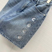 CC 25 Embroidered Short Skirt Blue Denim Cotton