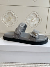 LV TWO-STRAP SANDALS 25S IN GREY DENIM AND CALFSKIN  WITH SILVER HARDWARE
