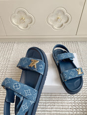 LV SANDALS 25S IN BLUE DENIM AND CALFSKIN WITH GOLD HARDWARE