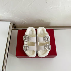 SLIDY VIV’ FUR STRASS BUCKLE MULES IN LIGHT GREY SUEDE AND CREAM SHEARLING INSOLE