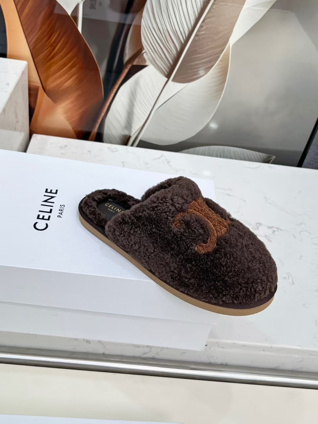 CELINE 25S GEORGIA SLIDE IN SHEARLING IN DARK BROWN