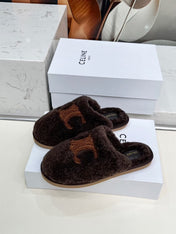 CELINE 25S GEORGIA SLIDE IN SHEARLING IN DARK BROWN