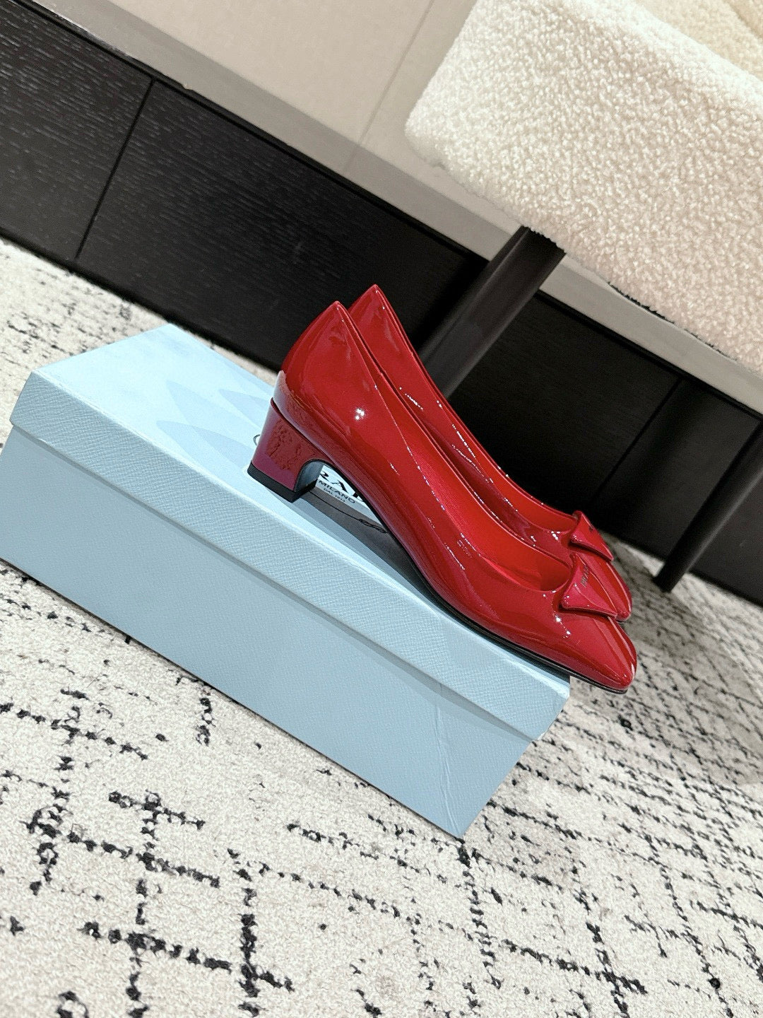 PRADA 25S SQUARE TOE HIGH HEELS IN DARK RED GLOSSY CALFSKIN