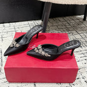 ROGER VIVIER 25S POINTED TOE HEELED MULES 65MM IN BLACK SATIN EMBELLISHED CRYSTALS