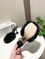 LOEWE 26S OPEN-BACK HIGH HEELS 100MM IN BLACK CALFSKIN WITH FUR