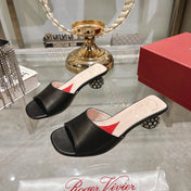 CRYSTAL HEEL MULE IN BLACK CALFSKIN