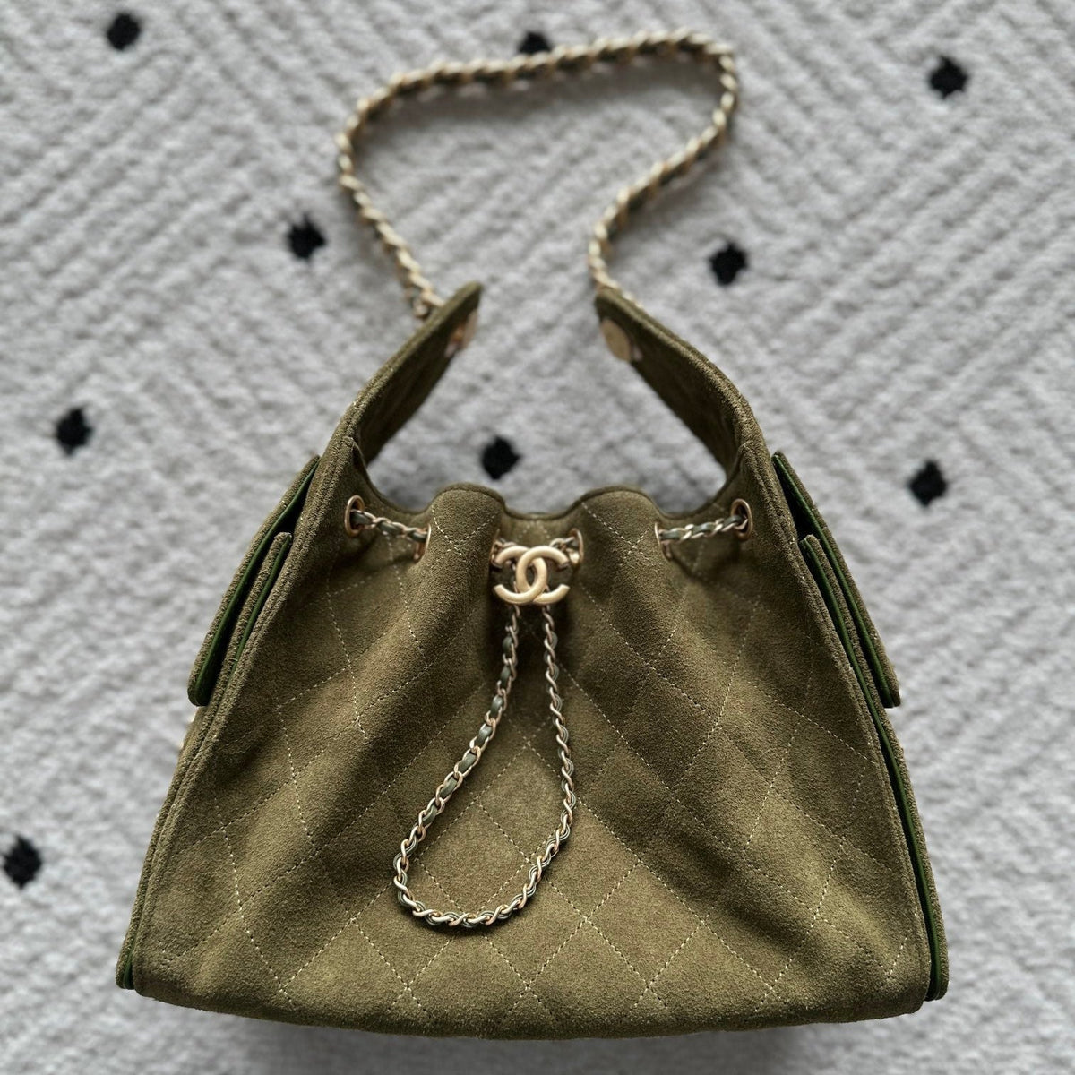 CHANEL 25S HOBO BAG 30 IN MOSS GREEN SUEDE WITH GOLD HARDWARE