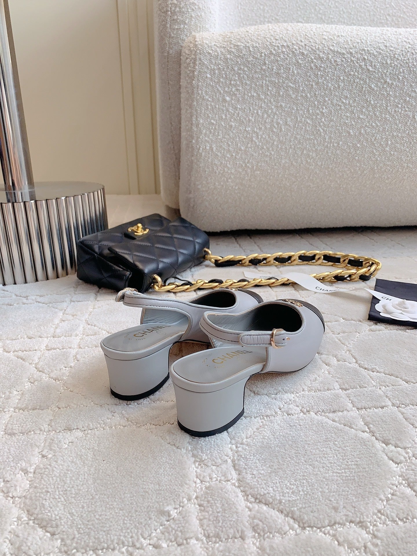 SLINGBACKS IN SLATE GREY MIX BLACK SHEEPSKIN