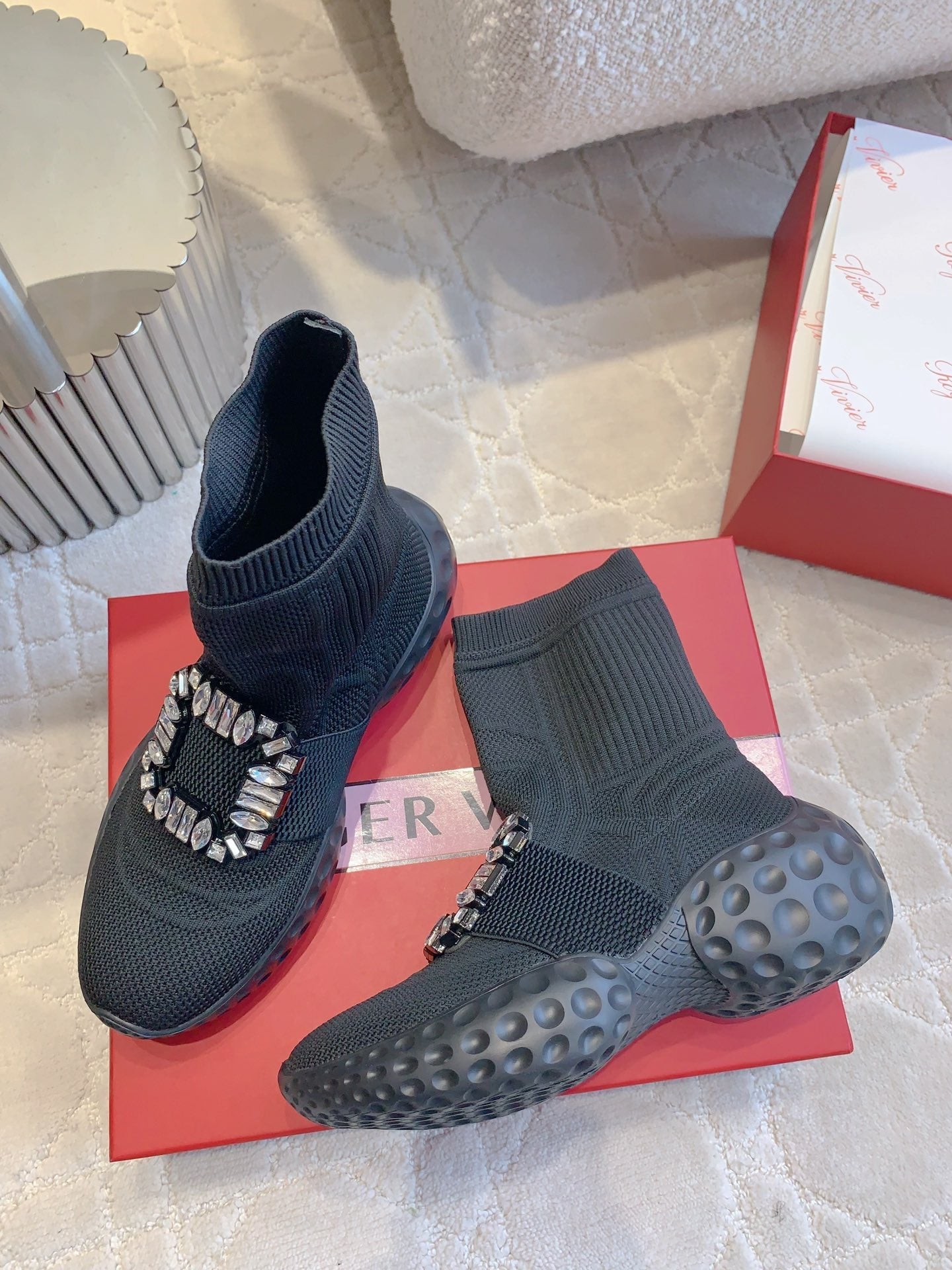 VIV' RUN LIGHT SOCKS ANKLE BOOTS IN BLACK FABRIC STRASS BUCKLE