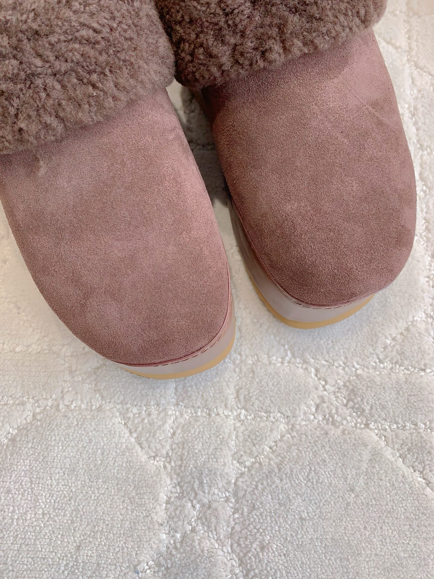 CELINE 25S DANA WEDGE MULE 70MM IN DARK BROWN SUEDE CALFSKIN AND SHEARLING