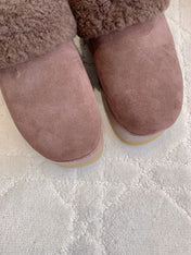 CELINE 25S DANA WEDGE MULE 70MM IN DARK BROWN SUEDE CALFSKIN AND SHEARLING