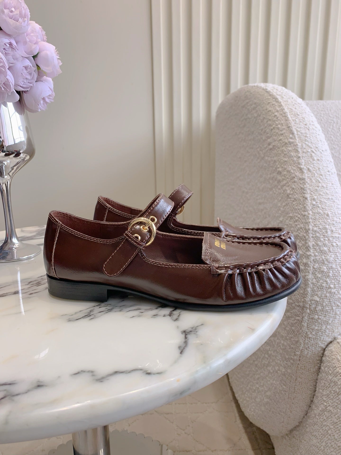 MIUMIU 26S LOAFERS IN BROWN CALFSKIN WITH STRAP